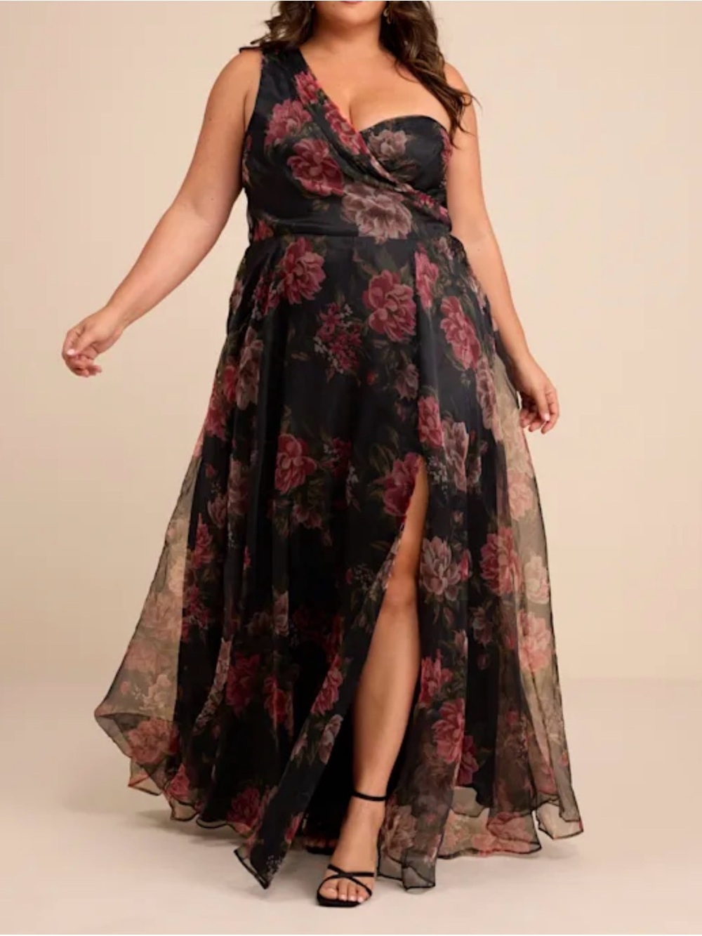 Lulus Truly Extraordinary Black Floral Organza One-shoulder Maxi Dress - Size 1X